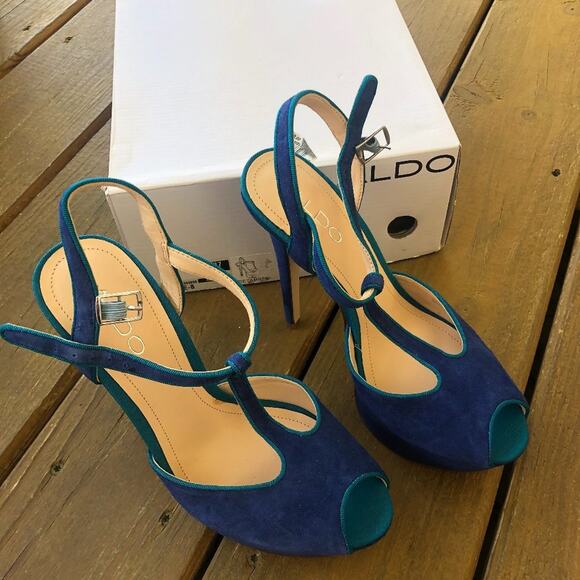 NWT ALDO Detamble Two Tone Blue Trim T-Strap Wrapped Platform Peep Toe Heels - Picture 1 of 6